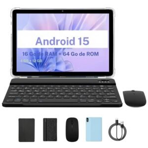 Tableta Android PRITOM 15 de 10,1 inch, 16 GB de RAM, 64 GB de ROM, con funda con teclado y bolígrafo, cámara doble, batería de 8MP, 6000mAh, regalo Ideal para la escuela y el día a día